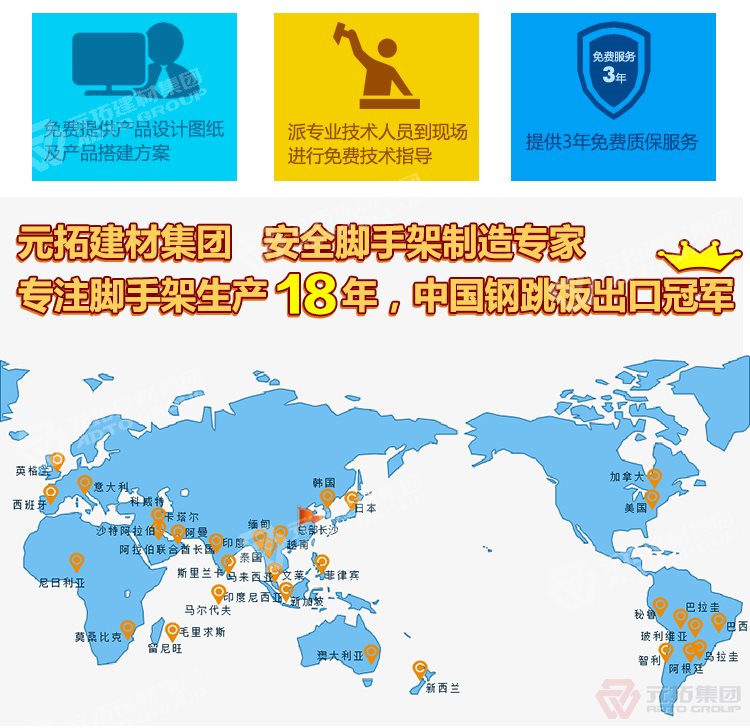 元拓建材集團(tuán)，安全腳手架制造專家！專注腳手架生產(chǎn)18年，中國(guó)鋼跳板出口冠軍！